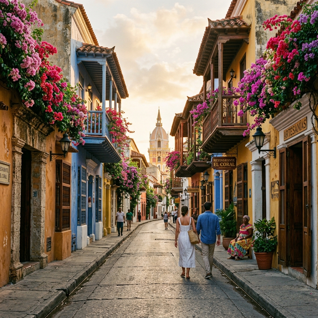 Una colorida y angosta calle colonial en el centro histórico de Cartagena, Colombia, adornada con balcones de madera llenos de flores buganvilias rosas