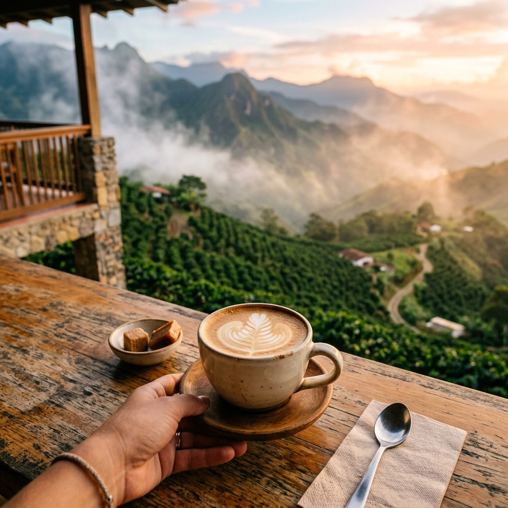 Una taza de café colombiano con arte latte en una mesa de madera rústica en un balcón, con vista al hermoso paisaje andino de cafetales con niebla y sol poniente