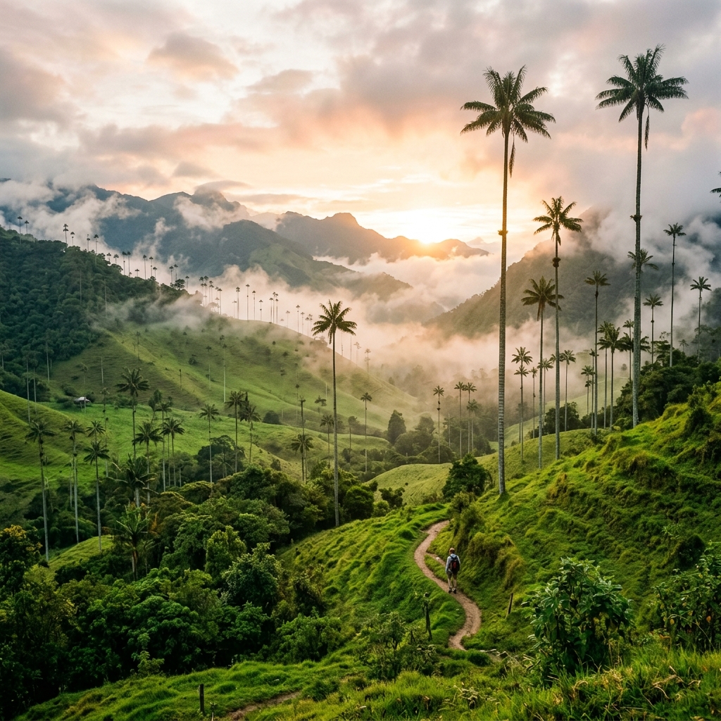 Majestuosas palmas de cera gigantes en el Valle de Cocora rodeadas de niebla matutina y verdes colinas, Colombia
