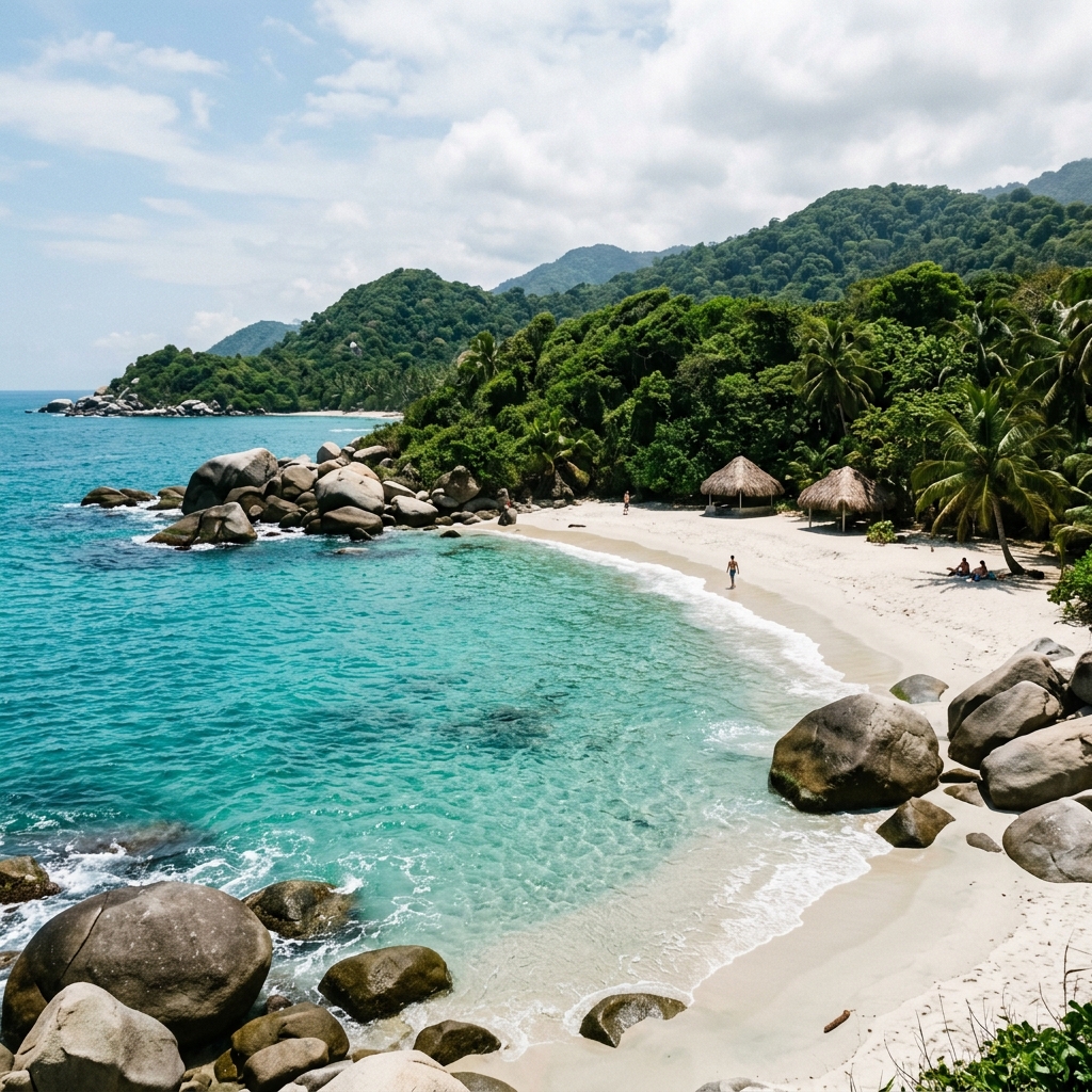 Playa tropical idílica rodeada de selva verde exuberante y grandes rocas de granito suave en el Parque Nacional Natural Tayrona, Santa Marta